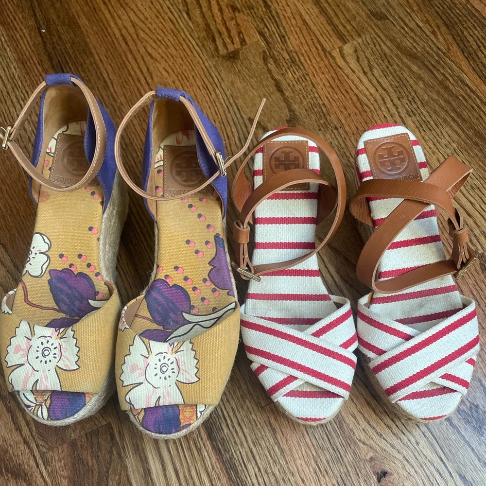 Tory Burch blue Floral and Striped Espadrille Wedge Sandals sz7